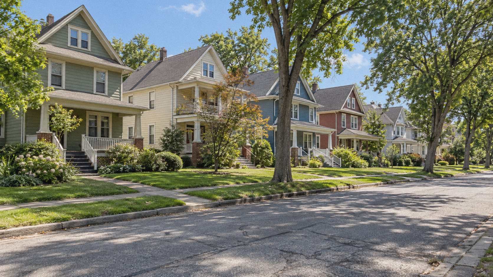 Illustration: a sunny, tree-lined Cleveland street of colorful two-story homes with front porches