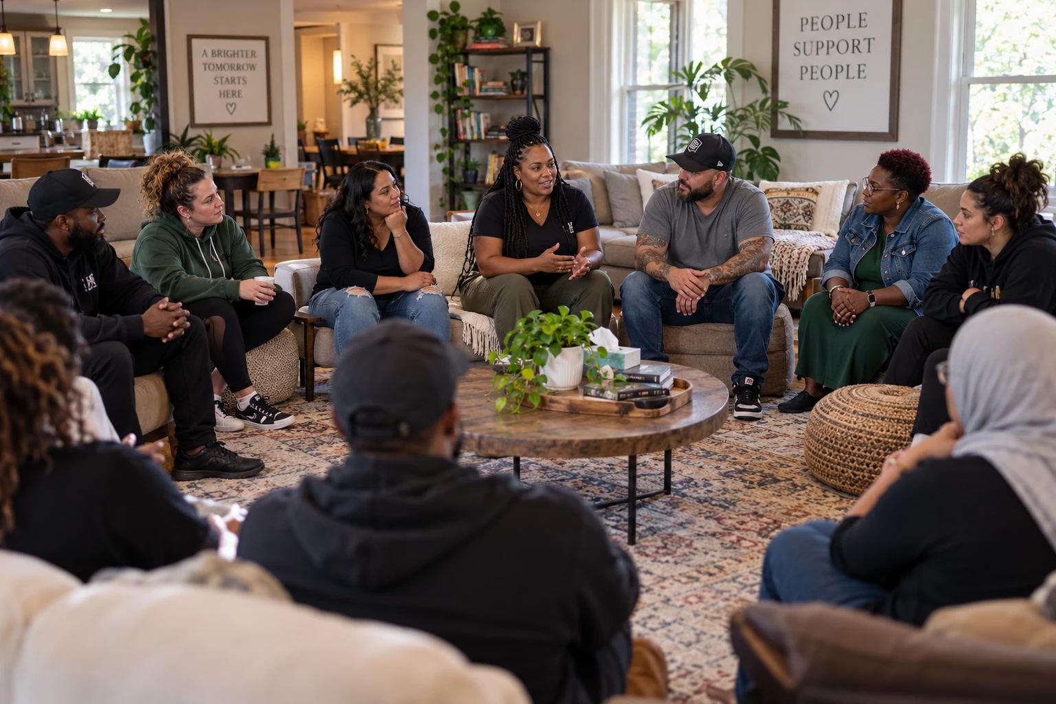 Illustration: a diverse group of men and women in a meeting circle in a large, bright living room
