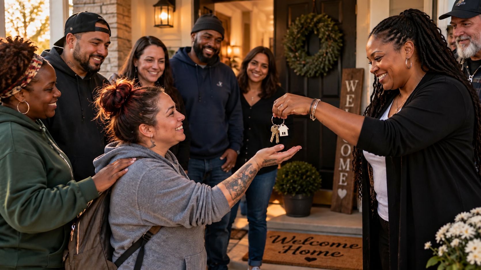 Illustration: a woman receives house keys at a front door marked Welcome Home, surrounded by a smiling, diverse group